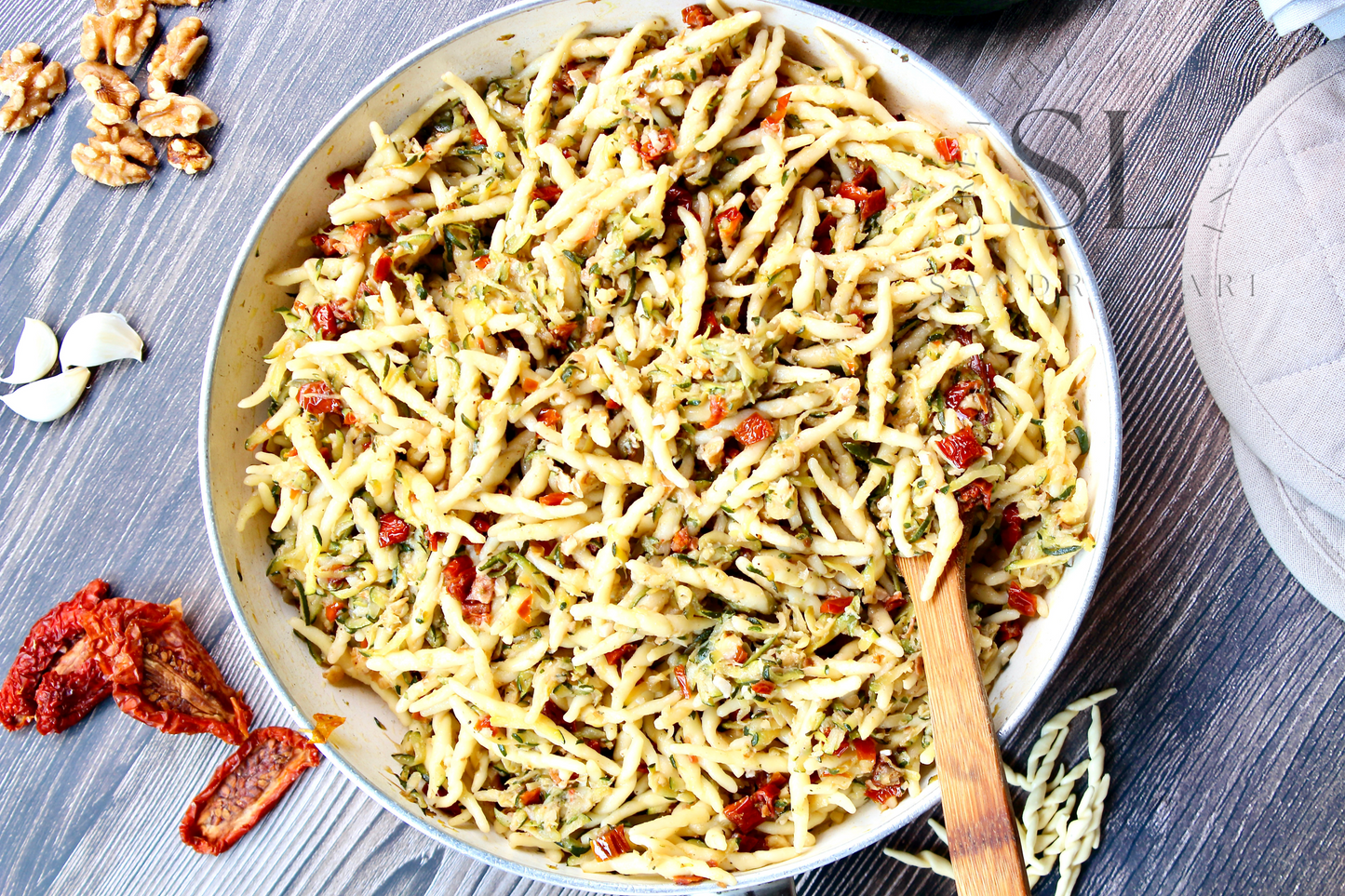 Vegan Pasta with Zucchini, Dry Tomatoes and Walnuts - Set 3 of 3
