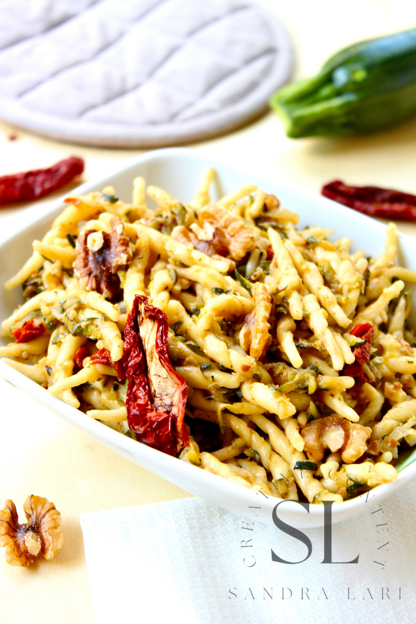 Vegan Pasta with Zucchine, Dry Tomatoes and Walnuts - Set 1 of 3