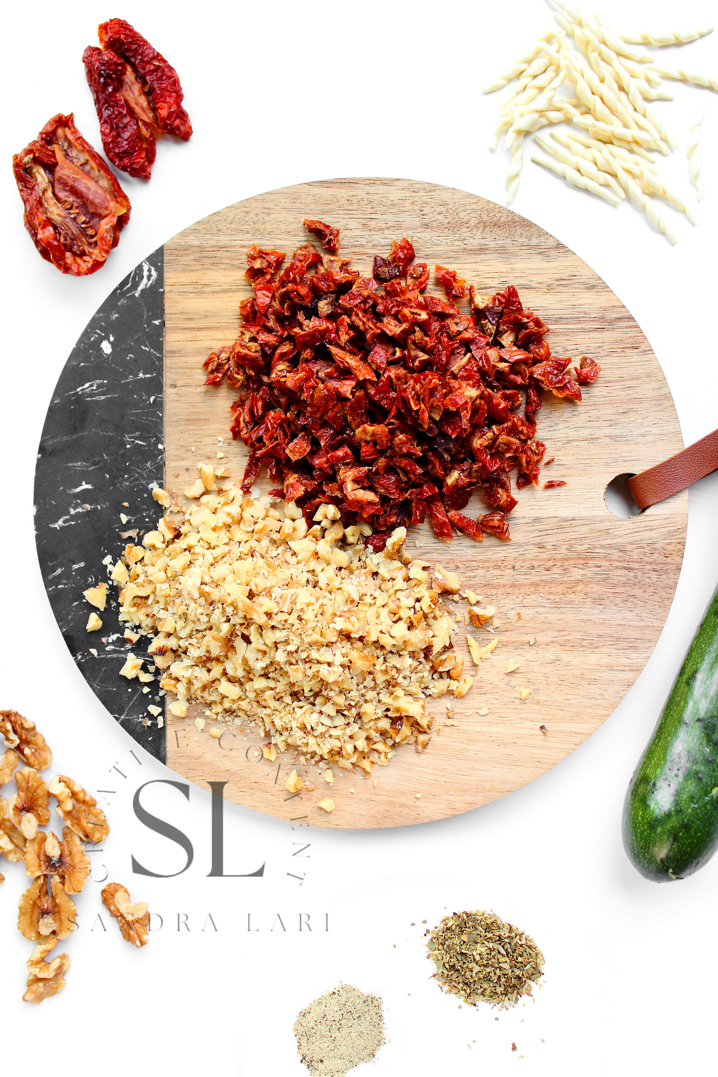 Vegan Pasta with Zucchini, Dry Tomatoes and Walnuts - Set 3 of 3