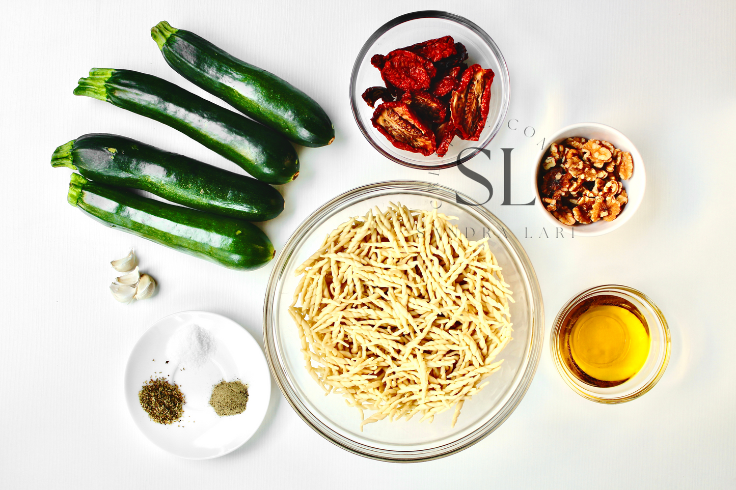 Vegan Pasta with Zucchini, Dry Tomatoes and Walnuts - Set 3 of 3