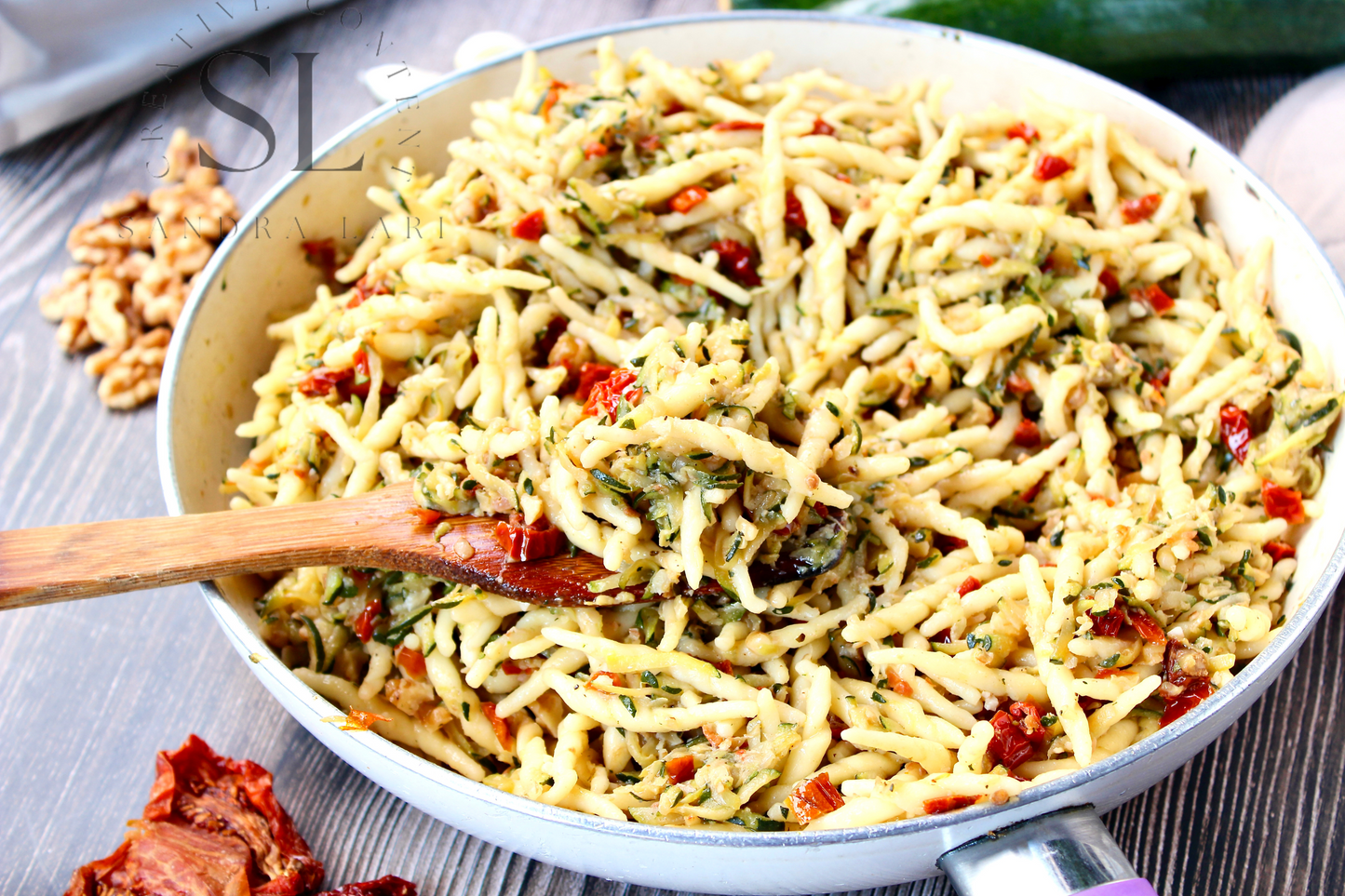 Vegan Pasta with Zucchini, Dry Tomatoes and Walnuts - Set 3 of 3
