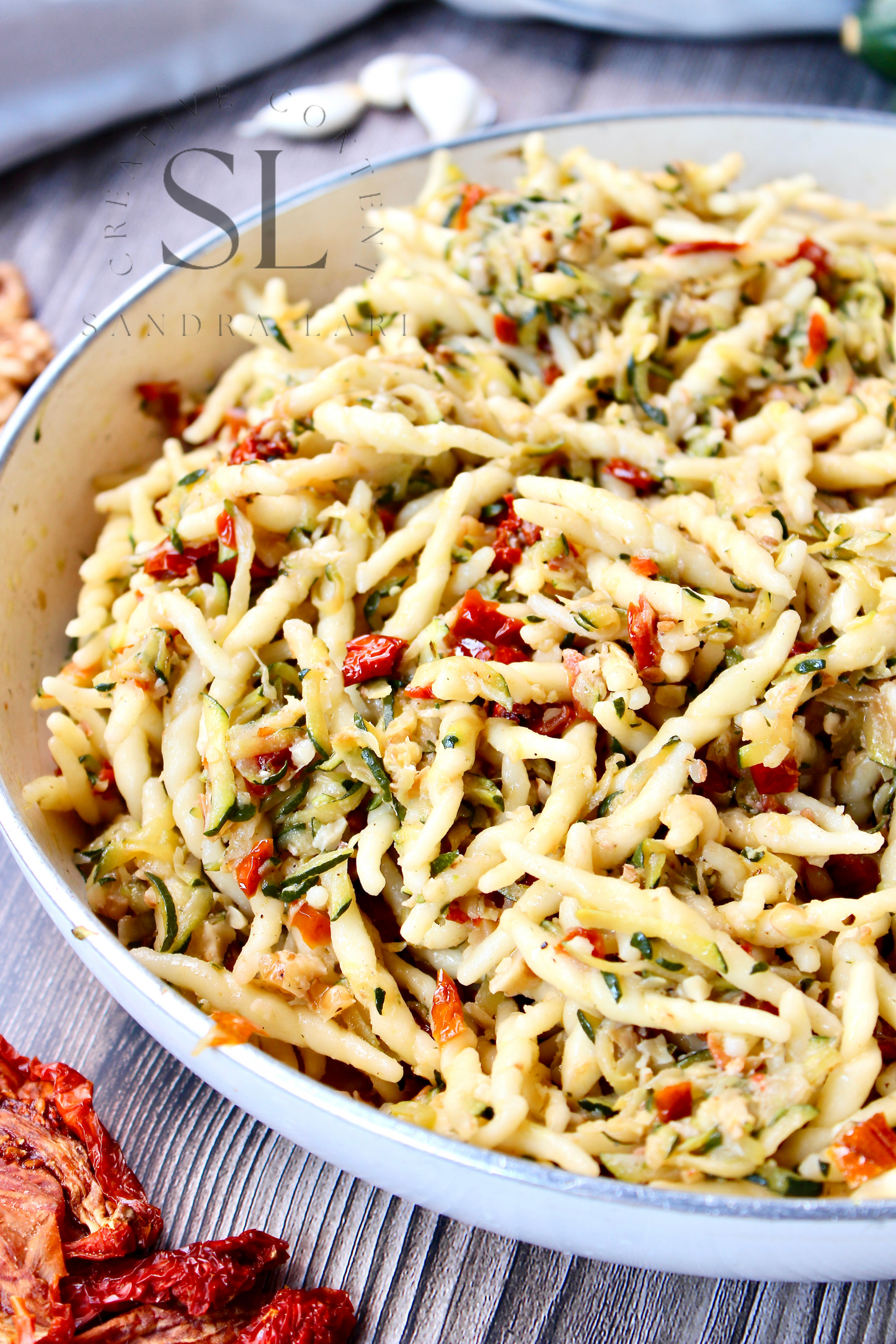 Vegan Pasta with Zucchini, Dry Tomatoes and Walnuts - Set 3 of 3