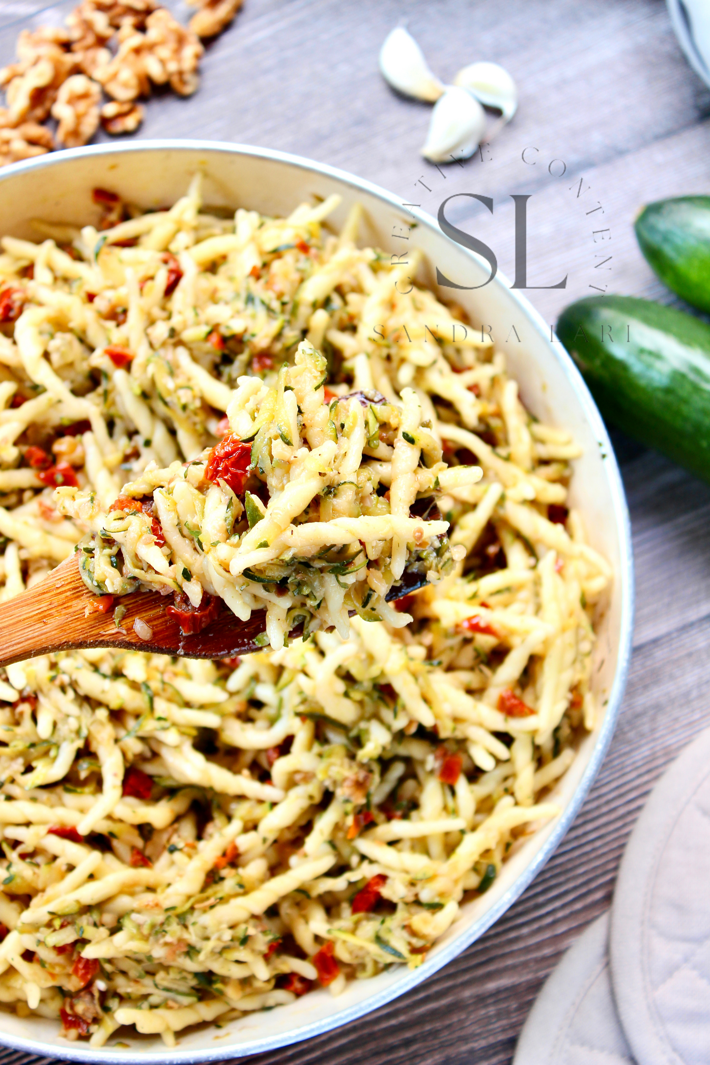 Vegan Pasta with Zucchini, Dry Tomatoes and Walnuts - Set 3 of 3