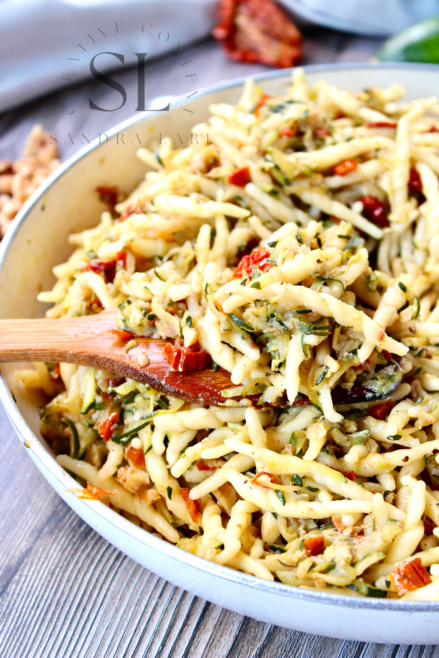 Vegan Pasta with Zucchini, Dry Tomatoes and Walnuts - Set 3 of 3
