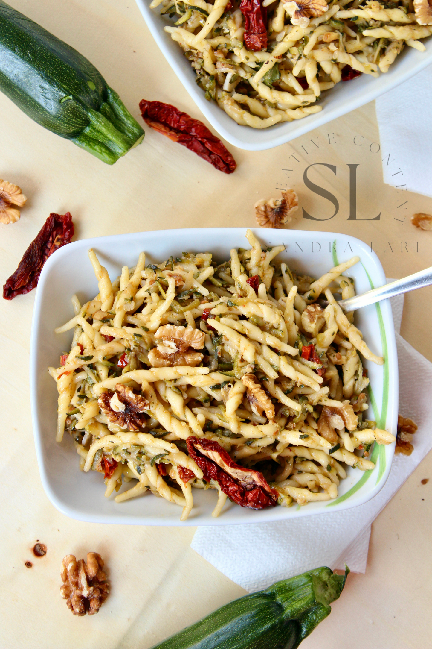 Vegan Pasta with Zucchine, Dry Tomatoes and Walnuts - Set 1 of 3