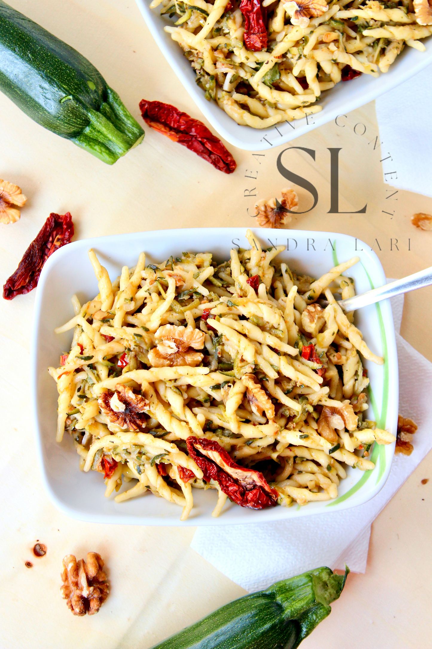 Vegan Pasta with Zucchine, Dry Tomatoes and Walnuts - Set 1 of 3