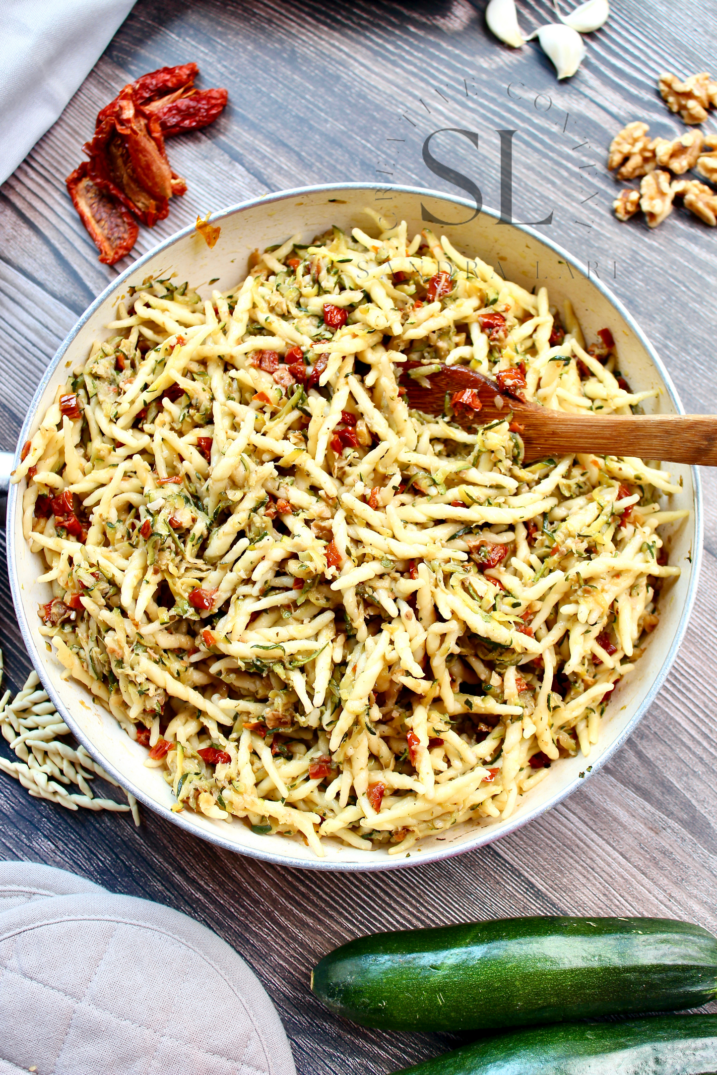 Vegan Pasta with Zucchini, Dry Tomatoes and Walnuts - Set 3 of 3