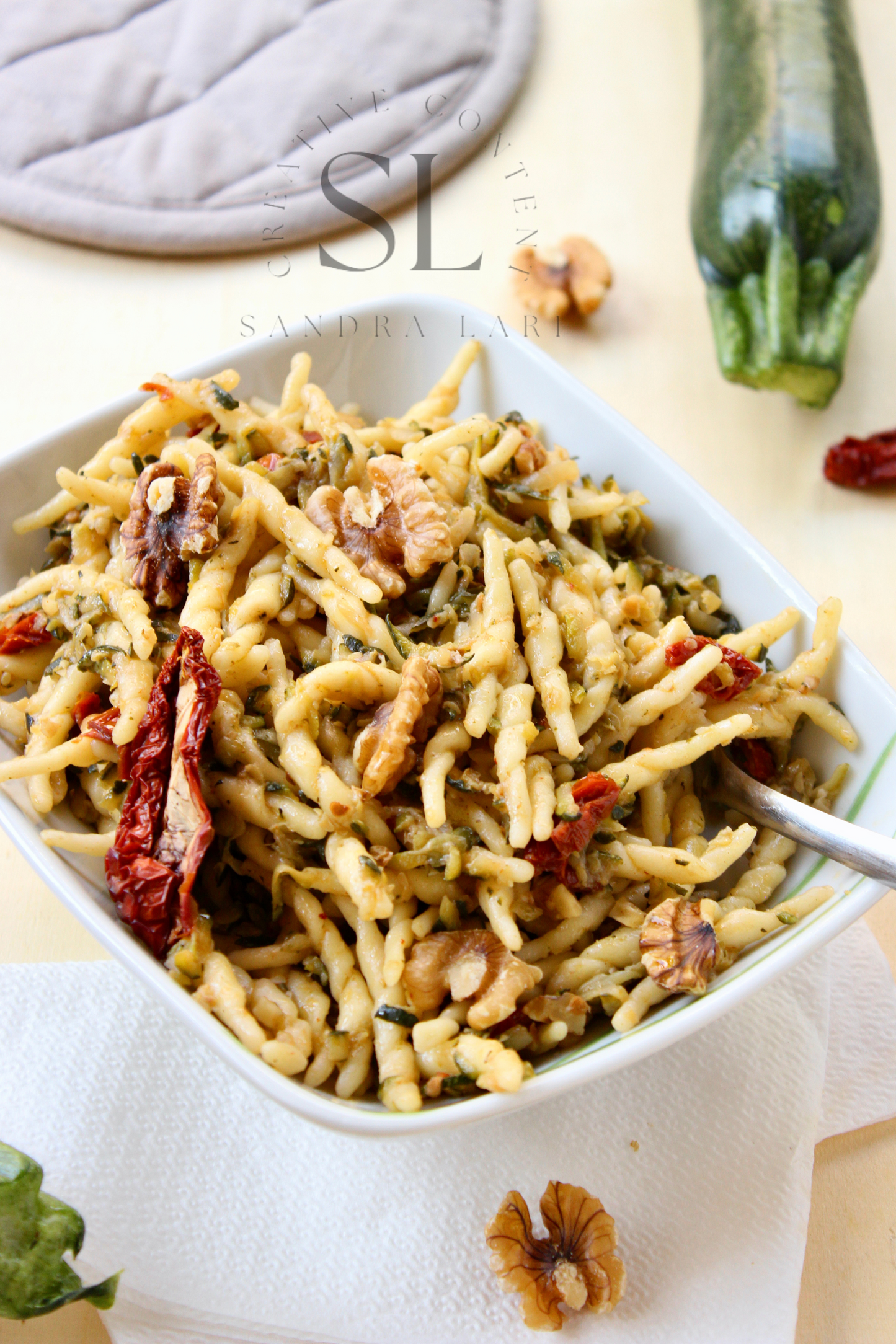 Vegan Pasta with Zucchine, Dry Tomatoes and Walnuts - Set 1 of 3