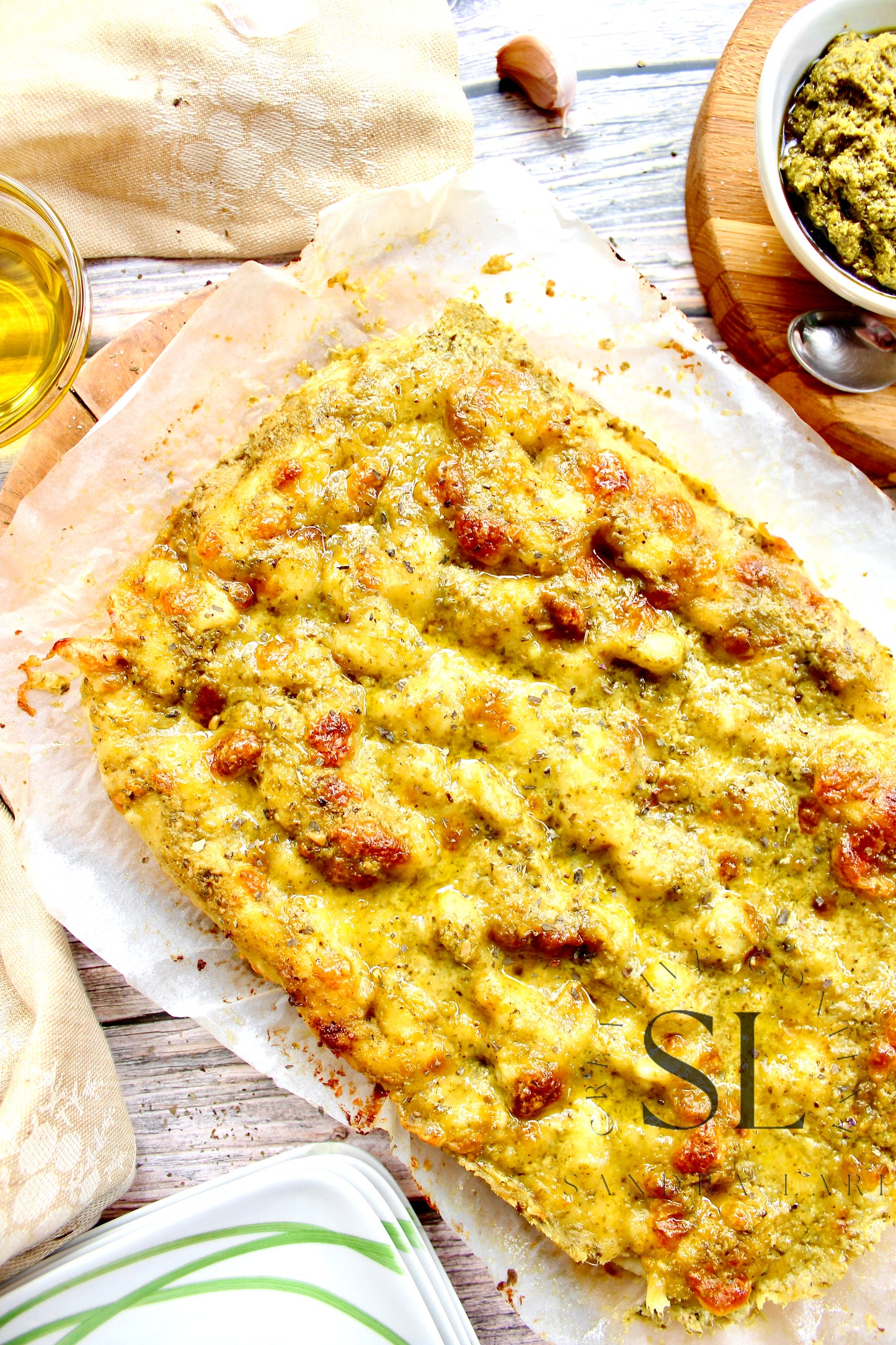 Sourdough Focaccia with Basil Pesto & Mozzarella Cheese - Exclusive