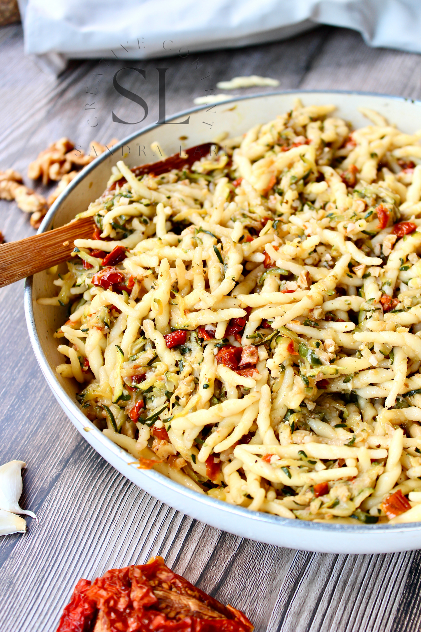 Vegan Pasta with Zucchini, Dry Tomatoes and Walnuts - Set 3 of 3